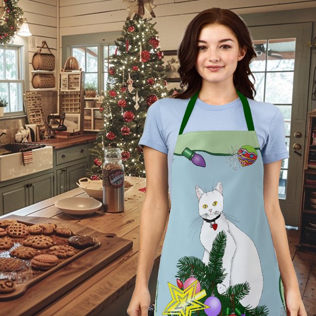 Festive Funny Christmas Tree Funny White Cat Green Apron (Creator Uploaded)