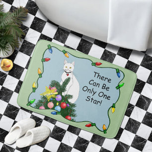 Festive Funny Christmas Tree Funny White Cat Green Bath Mat