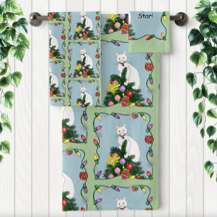 Festive Funny Christmas Tree Funny White Cat Green Bath Towel Set