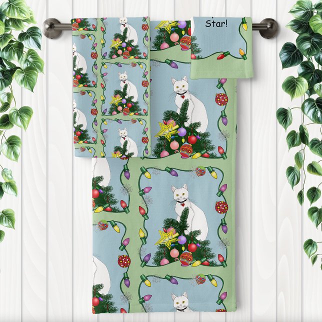 Festive Funny Christmas Tree Funny White Cat Green Bath Towel Set (Creator Uploaded)