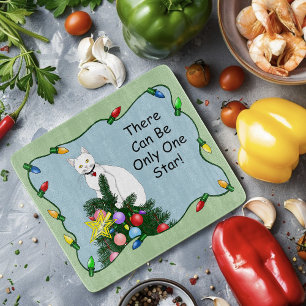 Festive Funny Christmas Tree Funny White Cat Green Cutting Board