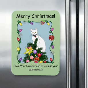 Festive Funny Christmas Tree Funny White Cat Green Magnet