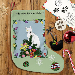 Festive Funny Christmas Tree Funny White Cat Green Small Christmas Stocking