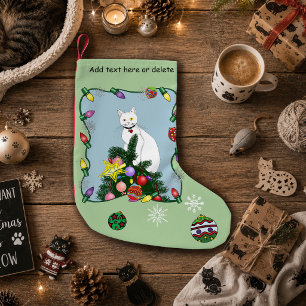 Festive Funny Christmas Tree Funny White Cat Green Small Christmas Stocking