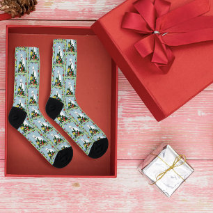 Festive Funny Christmas Tree Funny White Cat Green Socks
