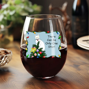Festive Funny Christmas Tree Funny White Cat Green Stemless Wine Glass