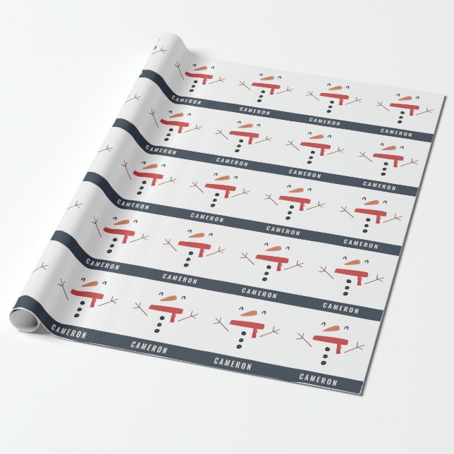 festive funny cute snowman personalized children's wrapping paper (Unrolled)