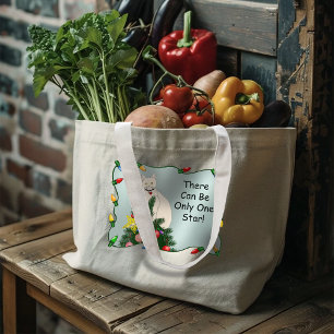Festive FunnyChristmas Tree Funny White Cat Green Large Tote Bag