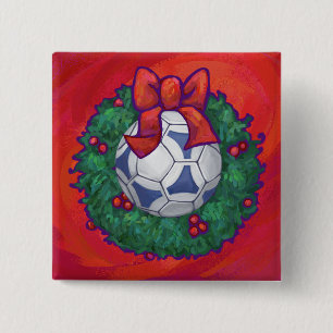 Festive Futbal in Wreath on Red 2 Inch Square Button