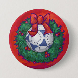 Festive Futbal in Wreath on Red 3 Inch Round Button