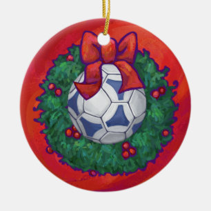 Festive Futbal in Wreath on Red Ceramic Ornament