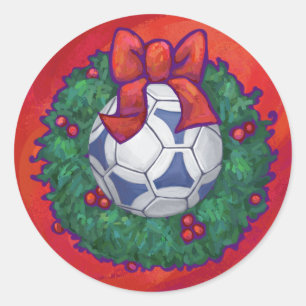 Festive Futbal in Wreath on Red Classic Round Sticker
