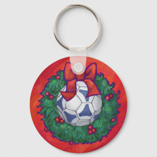 Festive Futbal in Wreath on Red Keychain