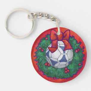 Festive Futbal in Wreath on Red Keychain