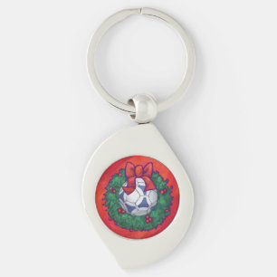 Festive Futbal in Wreath on Red Keychain