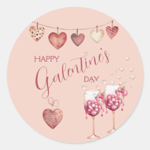 Festive Galentine's Day Wine Glasses and Hearts  Classic Round Sticker
