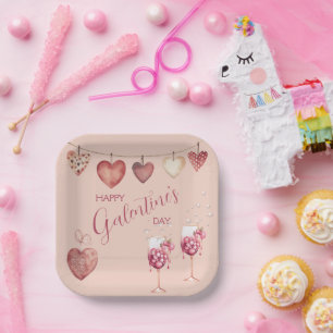 Festive Galentine's Day Wine Glasses and Hearts Paper Plate