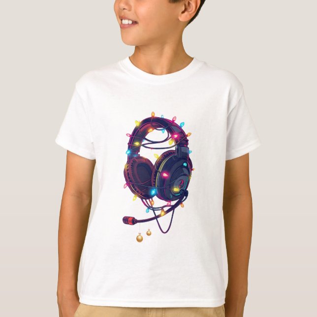Festive Gamer Headset with Christmas Lights T-Shirt (Front)