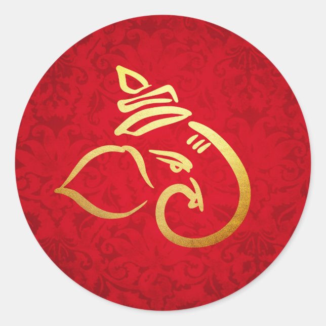 Festive Ganesh | Ganpati | Indian God Damask Red Classic Round Sticker (Front)