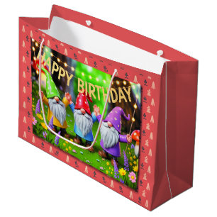 Festive Garden Gnomes Birthday Celebration Large Gift Bag