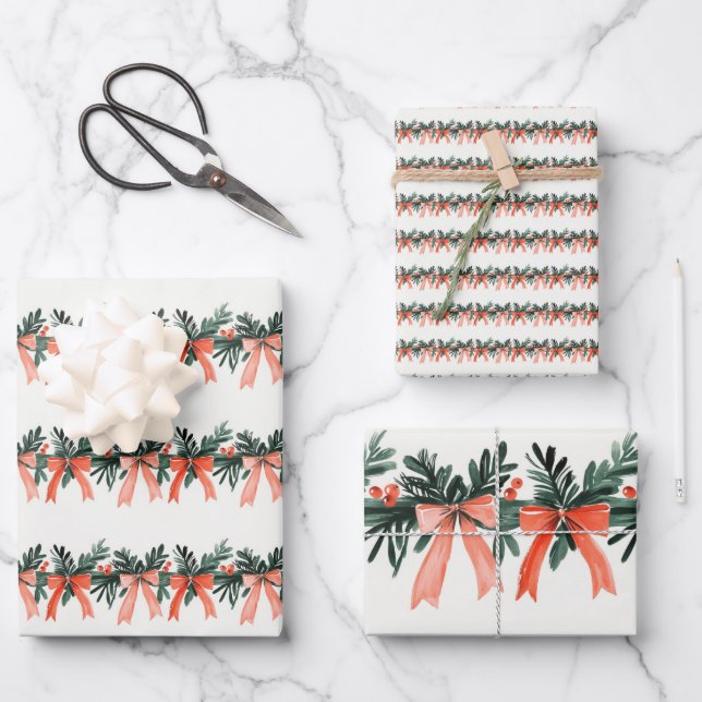 festive garland watercolor ribbons gift giving  wrapping paper sheet (Front)