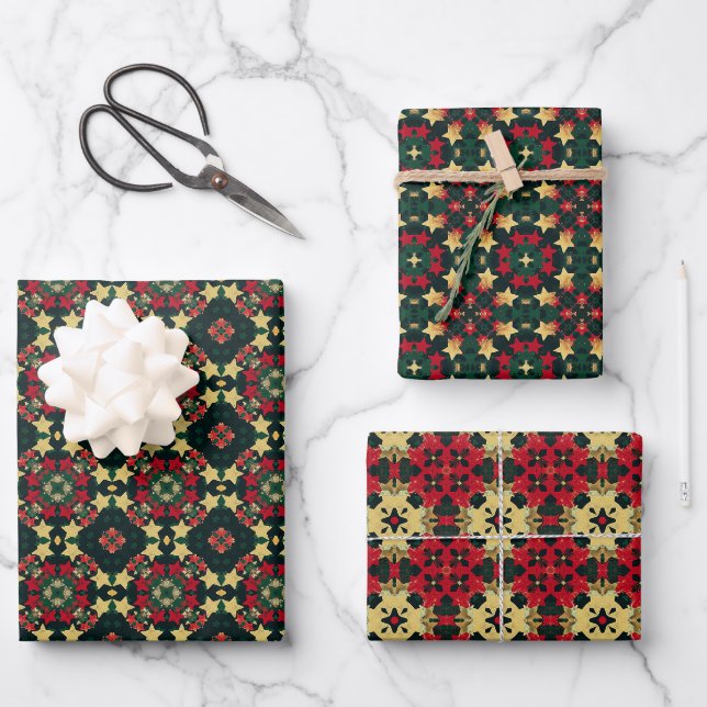 Festive Geometric Kaleidoscopic Star Pattern Wrapping Paper Sheet (Front)