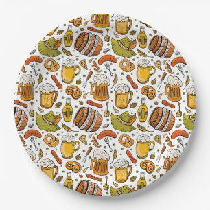 Festive German Oktoberfest Beer and Sausages  Paper Plate