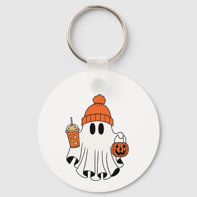 Festive Ghost with Pumpkin Basket & Iced Latte Keychain (Front)