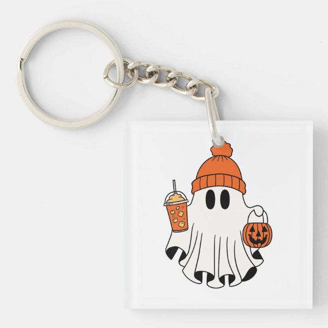 Festive Ghost with Pumpkin Basket & Iced Latte Keychain (Front)