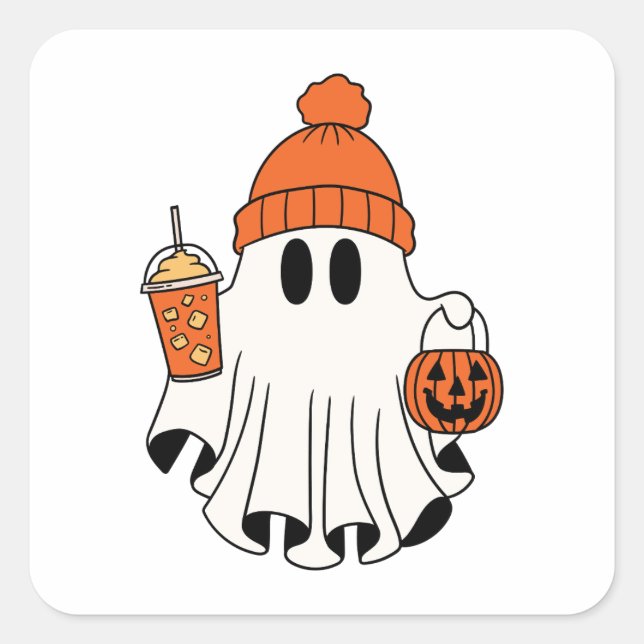 Festive Ghost with Pumpkin Basket & Iced Latte Square Sticker (Front)