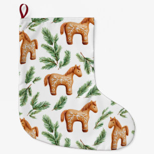 Festive Gingerbread Horse & Pine Pattern Large Christmas Stocking