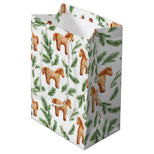 Festive Gingerbread Horse & Pine Pattern Medium Gift Bag
