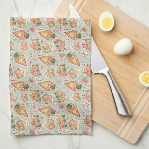 Festive Gingerbread House Pattern Mint Christmas Kitchen Towel