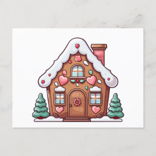 Festive Gingerbread House with Hearts Holiday Postcard
