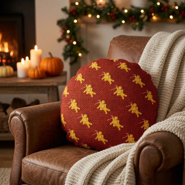 Festive Gingerbread Man & Knit Pattern Christmas Round Pillow (Creator Uploaded)