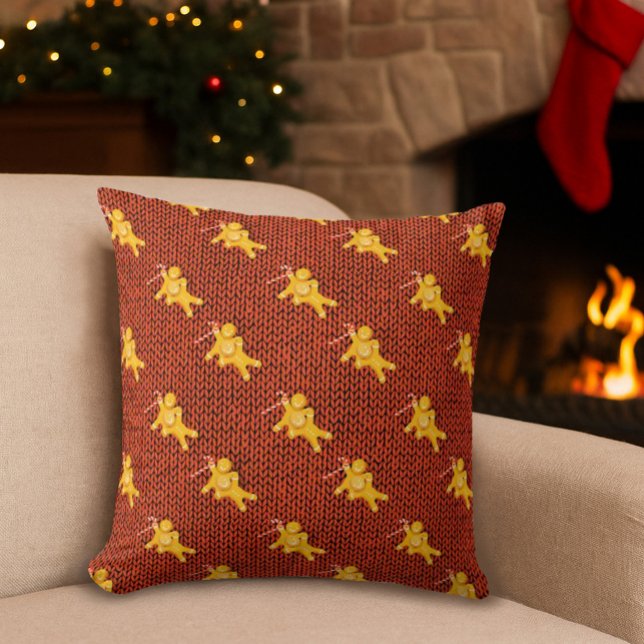 Festive Gingerbread Man & Knit Pattern Christmas Throw Pillow (Creator Uploaded)