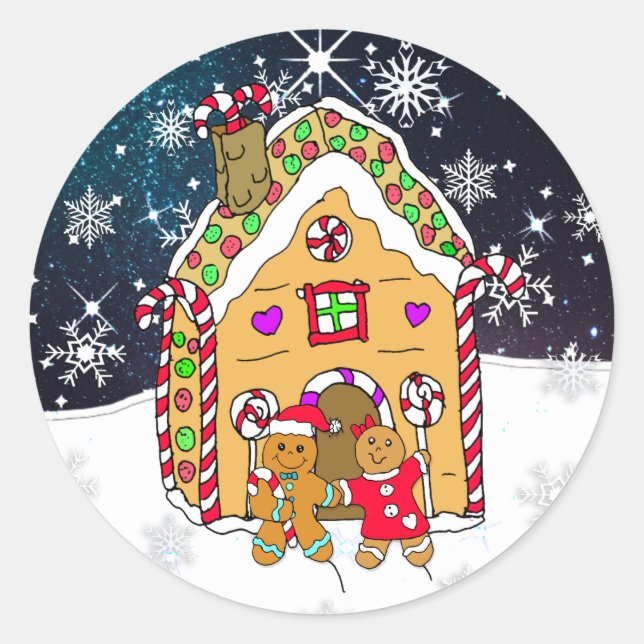 Festive Gingerbread Men and House Christmas Classic Round Sticker (Front)