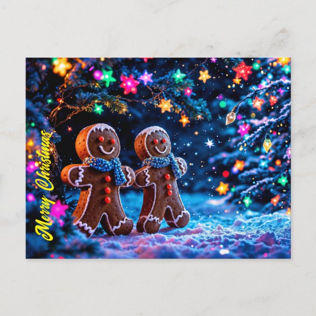 Festive gingerbread men snow fantasy postcard (Front)