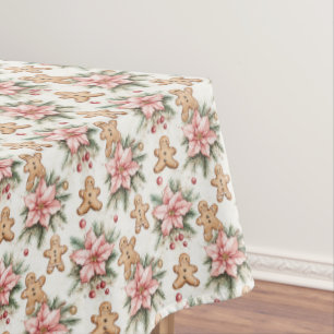 Festive Gingerbread Men with Pink Poinsettias Tablecloth