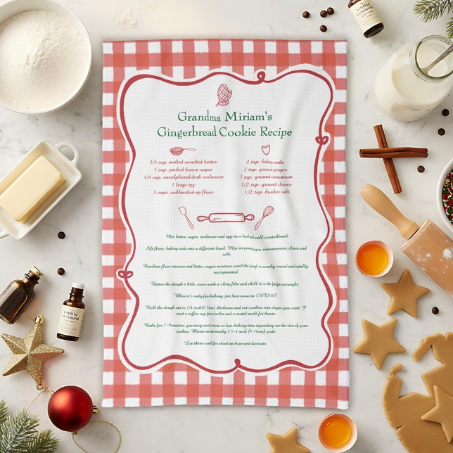 Festive Gingham Hand Drawn Family Recipe Keepsake Kitchen Towel (Creator Uploaded)