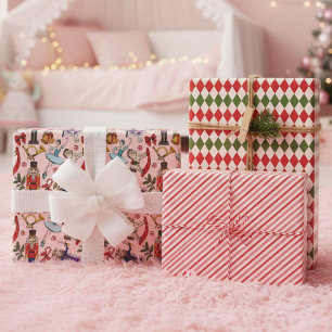 Festive Girly Red and Pink Christmas Nutcracker Wrapping Paper Sheet