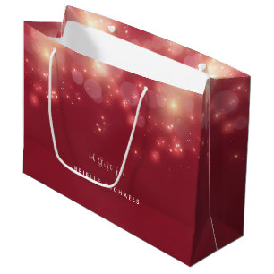 Festive Glam Red Bokeh Glitter Sparkles and Name Large Gift Bag