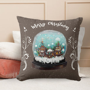 Festive Glass Snowball Winter Village Brown Throw Pillow