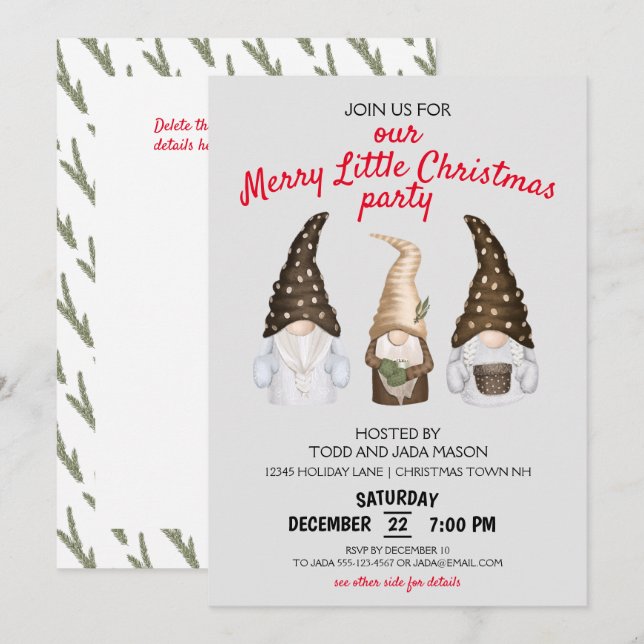 Festive Gnomes Merry Little Christmas Party Grey Invitation (Front/Back)
