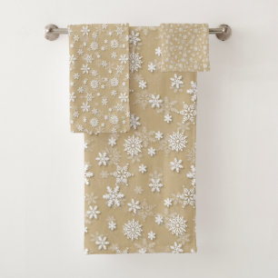 Festive Gold and White Christmas Holiday Snowflake Bath Towel Set