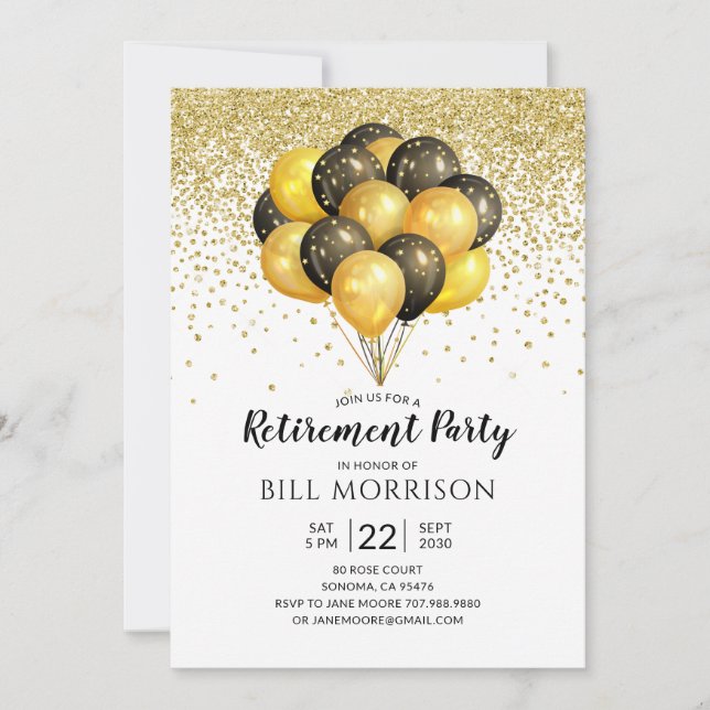 Festive Gold Black White Retraite Invitation (Devant)