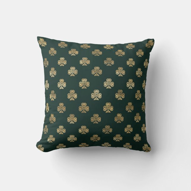 Festive Gold Celtic Shamrock Green Throw Pillow (Front)