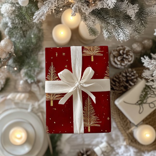 Festive Gold Christmas Trees on Red Wrapping Paper (Creator Uploaded)