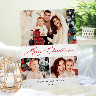Festive Gold Confetti Merry Christmas 3 Photo Holiday Card