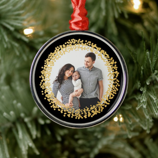 Festive Gold Confetti Photo Holiday Christmas Metal Ornament (Tree)
